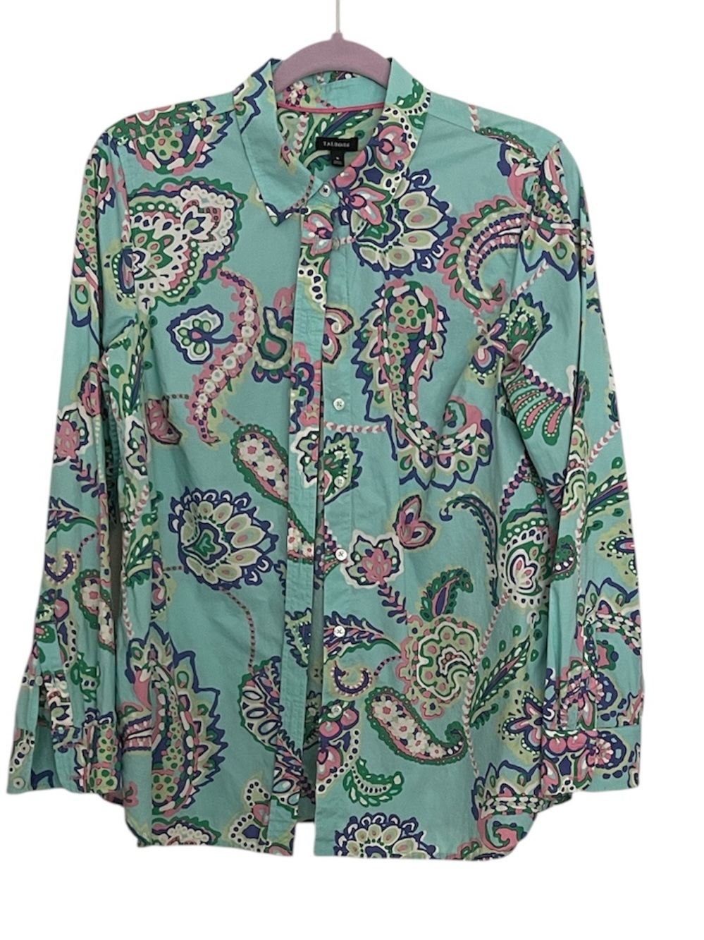 Talbots 100% Cotton Mint Green Paisley Button-Up Shirt with Pink n Navy Accents - Picture 12 of 12